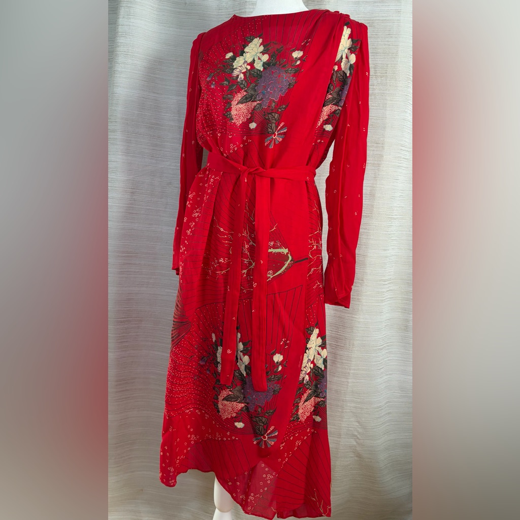 Vtg Samuel Blue Red Floral Belt Wrap Dress Sheer Sz 14 Runs Very Small